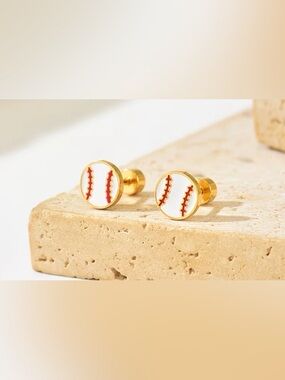 Gold Baseball Enamel Stud Earrings - White & Red
